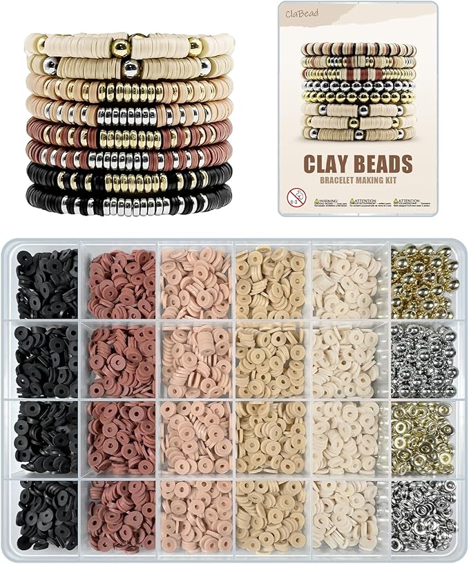 ClaBead Bracelet Making Kit 3200Pcs, Clay Beads Bracelet Kit with Gold Beads and Sliver Beads (Earth Tone)