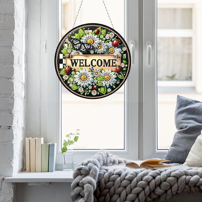 Generic DIY Hanging Diamond Pendant Special Shaped Crystal Diamond Art Painting Ornament Single Sided for Window Home Garden Wall Door Decor-Butterfly Daisy Flowers