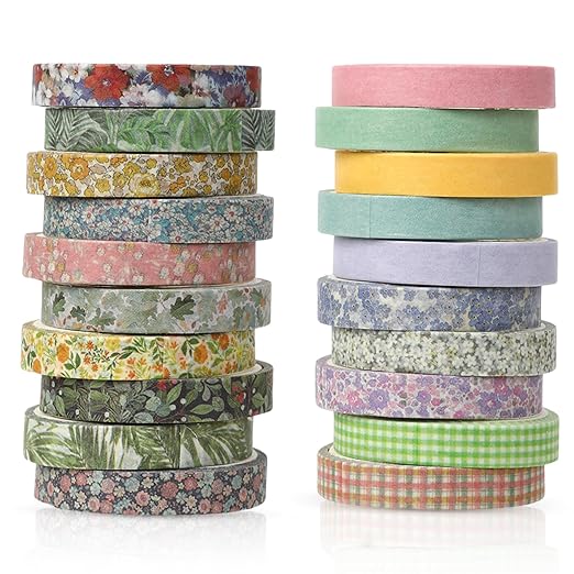 Washi Tape Set 20 Rolls Cute Vintage Washi Tape Decorative Tapes Adhesive Craft Washy Pattern Tapes for Scrapbooking Arts DIY Crafts Journal Planners Gift Wrapping Junk Journal Supplies, Natural