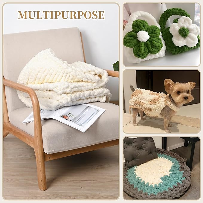 8 Packs Jumbo Chenille Chunky Yarn, 2045g (72oz) 245 Yards (224m) for Crocheting & Knitting, Handcrafts & Blanket Yarn (Cream, 8 Pack)