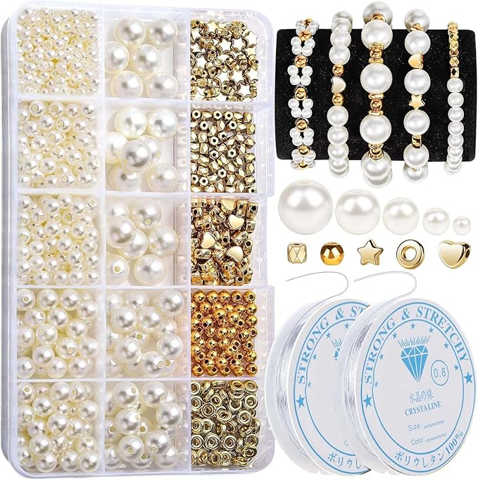 Pearl Beads for Bracelets 720PCS Bracelet Making Kit Friendship Bracelets Kits for Adult Small Pearl Bead and Gold Beads Beading Kit for Jewelry Making Kit for Necklaces Earrings DIY Crafts