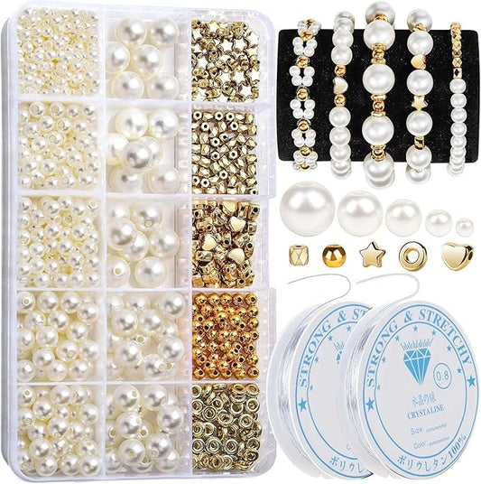 Pearl Beads for Bracelets 720PCS Bracelet Making Kit Friendship Bracelets Kits for Adult Small Pearl Bead and Gold Beads Beading Kit for Jewelry Making Kit for Necklaces Earrings DIY Crafts