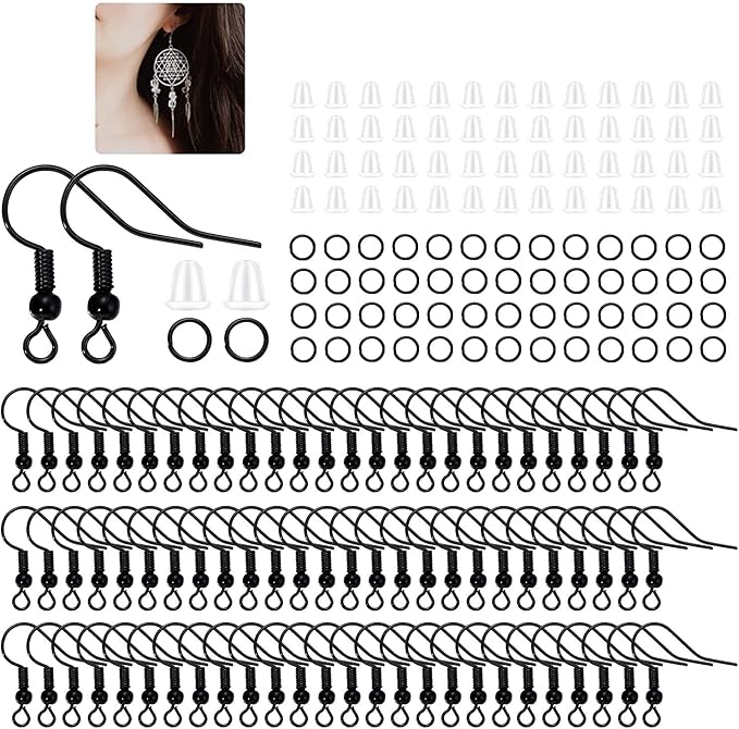 600Pcs Hypoallergenic Earring Hooks, Black Earring Making Kit, with Earring Backs and Jump Rings for Jewelry Making (Black)
