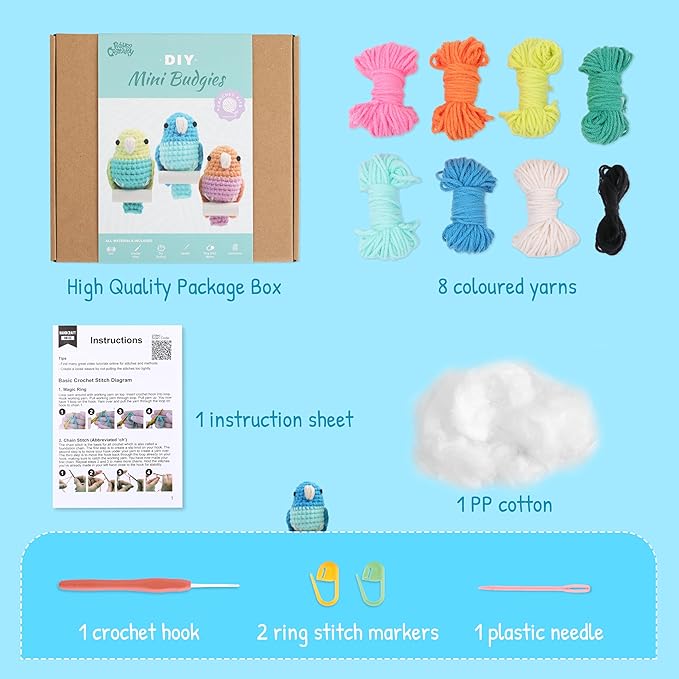 HOUSE CREATIVITY Crochet Kit for Beginners, Make 3 Mini Budgie Birds, Amigurumi Crochet Starter Kit with Step-by-Step Video Tutorial, Yarn, Hook, Eyes & Stuffing, DIY Craft Kit Gift for Adults