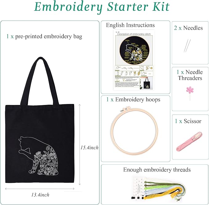 harimau beginner canvas tote bag embroidery kit,black kitten pattern,cross stitch kits, including stamped embroidery bag with 1 embroidery hoops,needle, instructionmanual and color threads