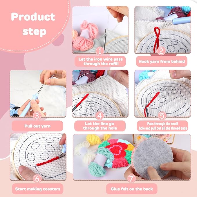 AIRDEA Punch Needle Drink Coasters Kit,Casual Punch Needle Embroidery Complete Kits for Beginner 3.29x3.29 Inches,Included All Accessories,DIY Car Coasters (red Green)