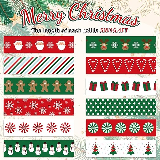 Whaline 12 Rolls Christmas Washi Tape Red Green Xmas Tree Snowman Santa Claus Gingerbread Man Candy Cane Pattern 15mm Decorative Masking Tape for Scrapbook Journal DIY Art Craft Gift Wrapping