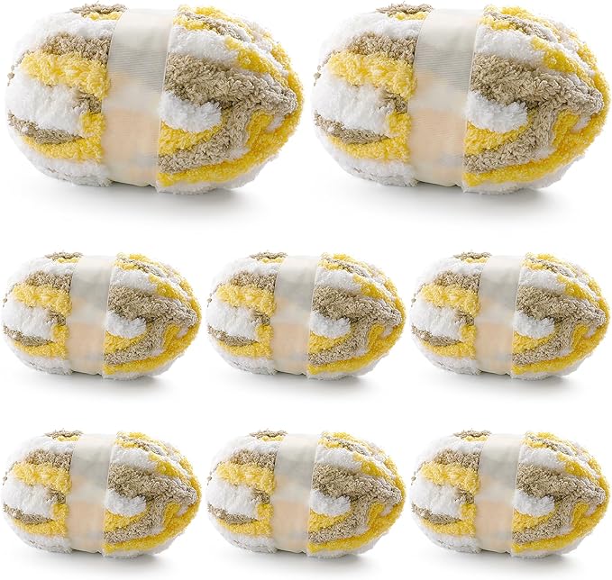 8 Pcs Chunky Yarn for Hand Knitting - Chunky Chenille Yarn for Crocheting - Fluffy Yarn for Crochet - Jumbo Yarn for Hand Knitting 200 yds 61.6 oz of Super Bulky Yarn (Yellow-Grey-White)