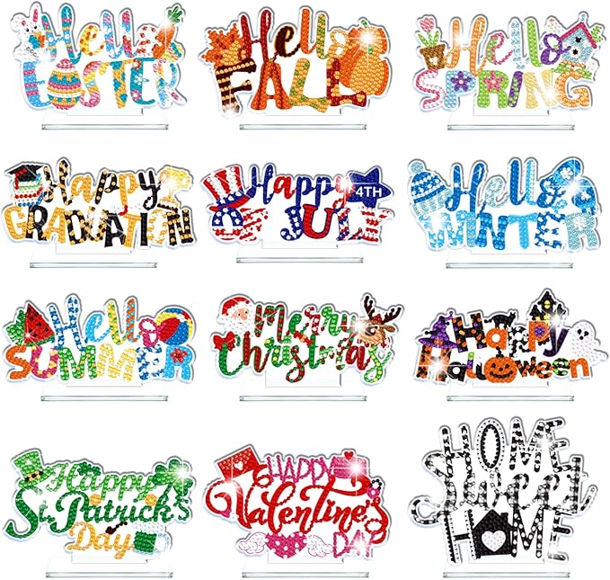 YooNotee 12 Sets Interchangeable Seasonal Diamond Art Tabletop Decorations Holiday Diamond Art Painting Kit with 12 Acrylic Base for Table Tiered Tray Decor Craft Graduation Centerpiece (Word)