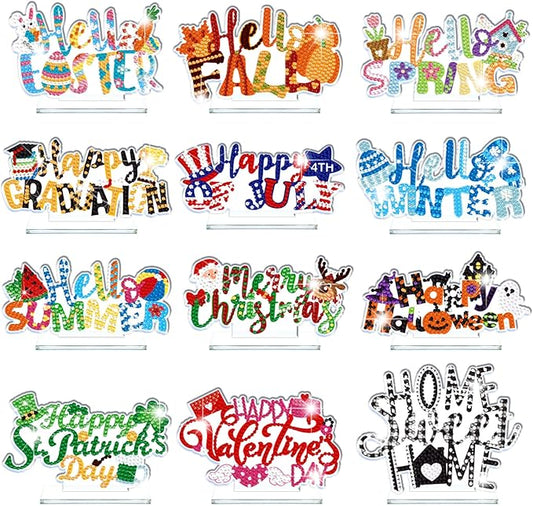 YooNotee 12 Sets Interchangeable Seasonal Diamond Art Tabletop Decorations Holiday Diamond Art Painting Kit with 12 Acrylic Base for Table Tiered Tray Decor Craft Graduation Centerpiece (Word)