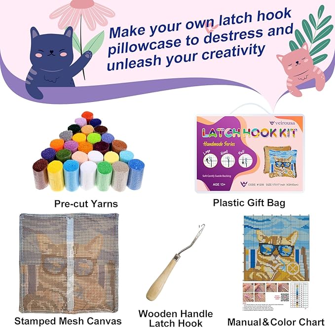 veirousa Orange Cat Latch Hook Kits for Adults, Beginners DIY Hooked Pillow Kit Pre-Printed Pillowcase Hook and Latch Rug Kits Cross-Stitch Cushion Cover for Home Sofa Decoration 17x17 inch