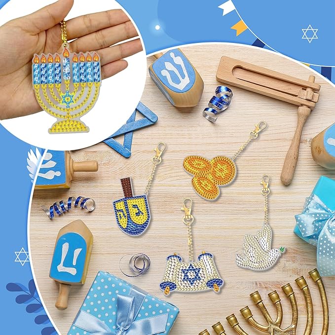 Cinrobiye 24 Pcs Hanukkah Diamond Painting Keychains Kits Chanukkah 5D DIY Art Pendants Double Sided Hanging Ornaments Rhinestone Mosaic Making Set for Hanukkah DIY Party Favors Decor Supplies