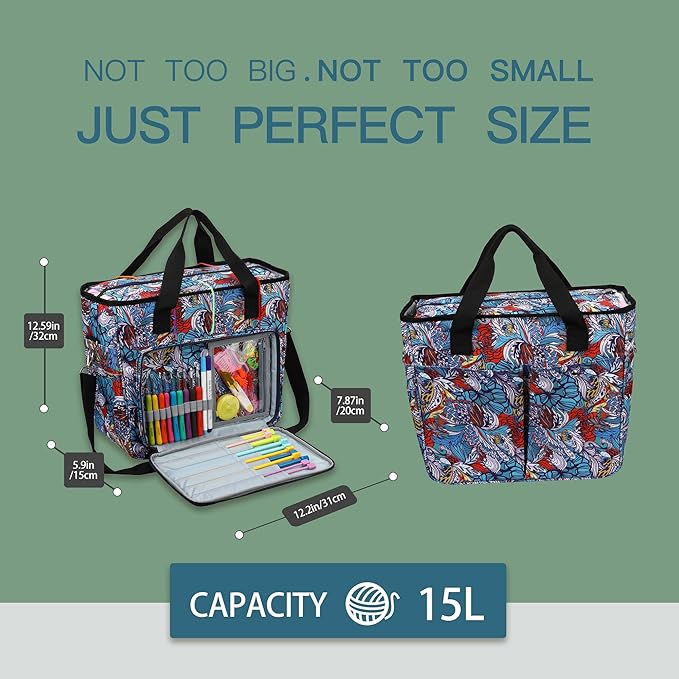 LOOEN Yarn Knitting Storage Tote-Large Capacity Crochet Organizer Portable Travel Bag with Shoulder Strap Crochet Hooks Case for Unfinished Bulk Project