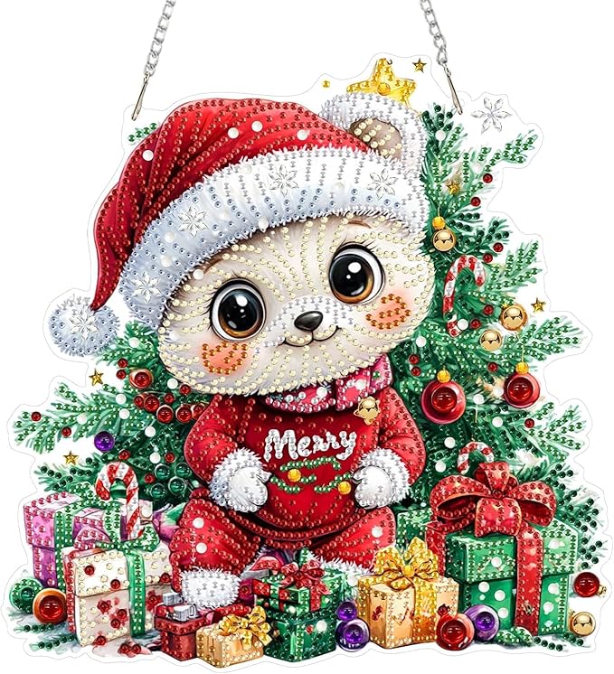 MAXBYE Christmas Diamond Art Kit for Adults, Cute Bear Acrylic Diamonds Painting Hanging Pendant Kit, 5D DIY Gem Art Kit for Home Wall Decor Gift