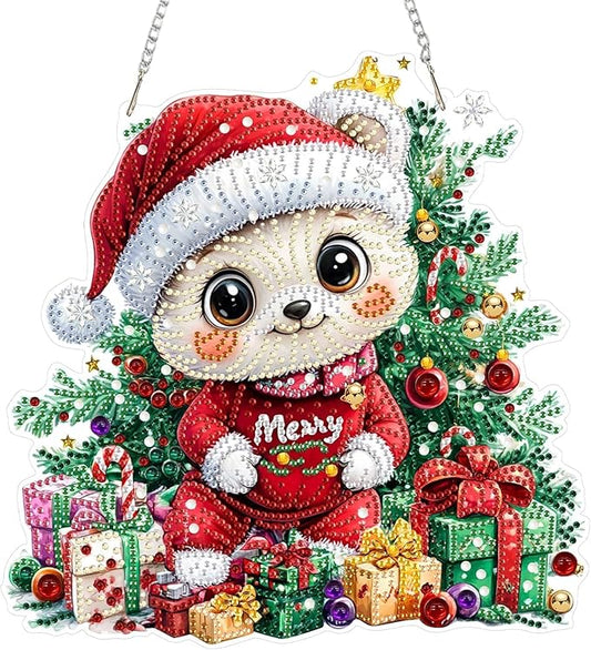 MAXBYE Christmas Diamond Art Kit for Adults, Cute Bear Acrylic Diamonds Painting Hanging Pendant Kit, 5D DIY Gem Art Kit for Home Wall Decor Gift