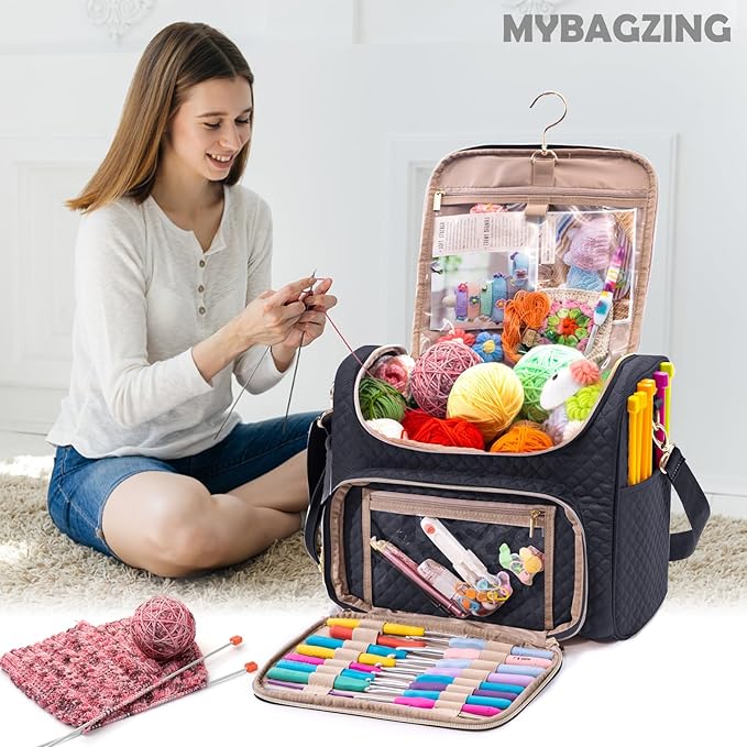 Crochet Bag Organizer - Quilted Storage Bag with Hanging Hook, Knitting & Yarn Tote for Crochet Accessories, Mother's Day Gift