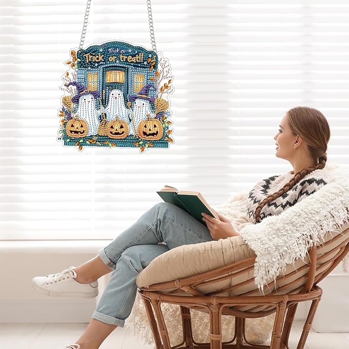 Bimkole Trick or Treat Ghost Diamond Art Hanging Kit, DIY 5D Diamond Art Halloween Window Pendant, Acrylic Crystal Art Hanging Ornament Home Wall Garden Front Door Sign Outdoor Decor 7.8x7.8 Inch