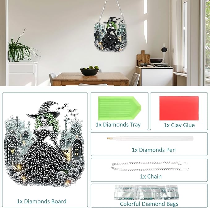 SENQAO Witch Diamond Art Hanging Kits for Adults Beginners, DIY Acrylic 5D Special Shaped Crystal Diamond Gem Art Painting Hanging Ornament for Home Wall Decor and Gift（Halloween Skull）