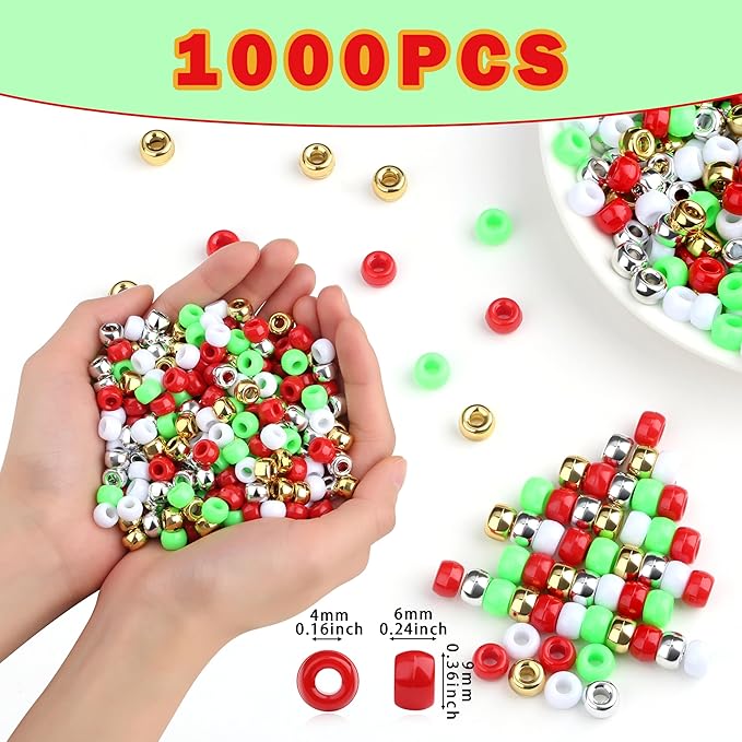 1000 Pcs Christmas Pony Beads Plastic Bead for Bracelets Christmas Beads for Jewelry Making Red Green White Gold Silver Pony Bead for Crafts Suit for 14 Years of Age and Older