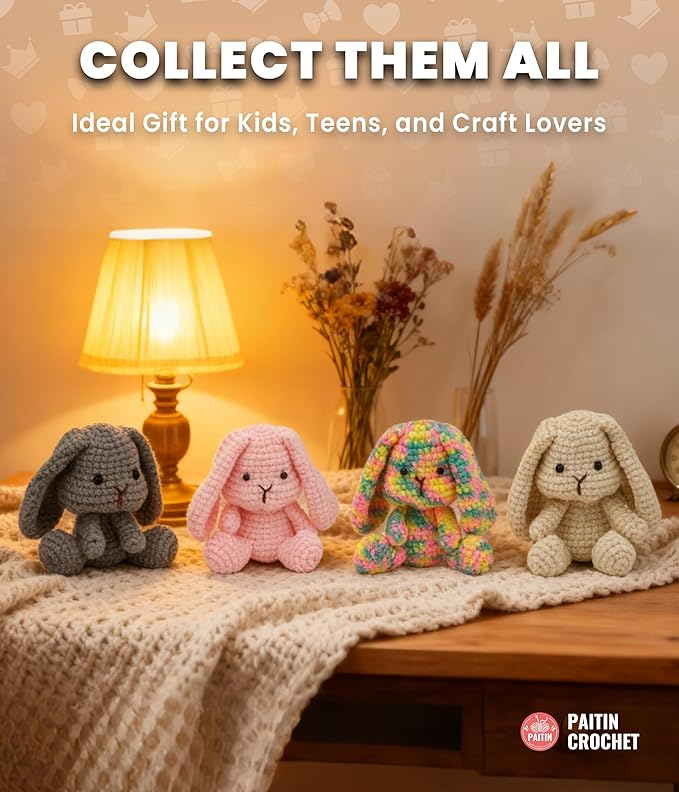 PAITIN Crochet Kit for Beginners – DIY Bunny Amigurumi Crochet Project Kit with Step-by-Step Video Tutorials, Beginner Handbook and All Materials Included