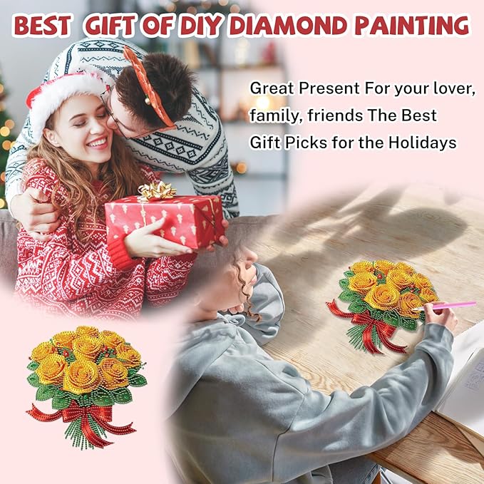 Bowetile Valentine's Day Diamond Art Hanging Kits for Adults, Diamond Art Suncatchers Yellow Roses, 5D Special Shape Diamond Painting Flowers Pendant Window Ornament Gifts for Home Door Wall Decor