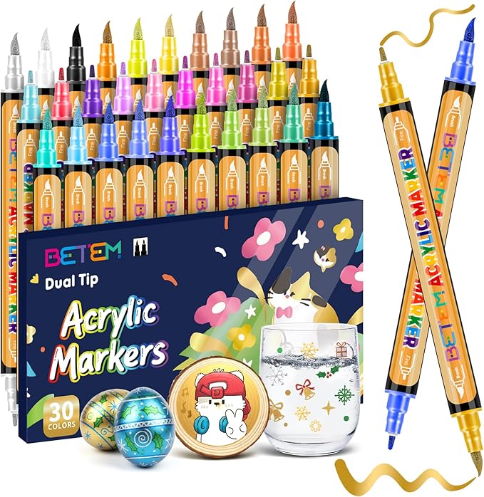 Betem 30 Metallic Acrylic Paint Markers, Dual Tip Acrylic Paint Pens with Brush Tip and Fine Tip, Art Supplies for Rock Painting, Wood, Stone, Glass, Ceramic, DIY Crafts Making Drawing Kit