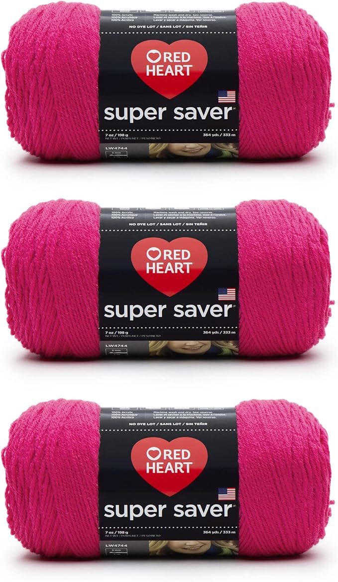 Red Heart Super Saver Shocking Pink Yarn - 3 Pack of 198g/7oz - Acrylic - 4 Medium (Worsted) - 364 Yards - Knitting/Crochet