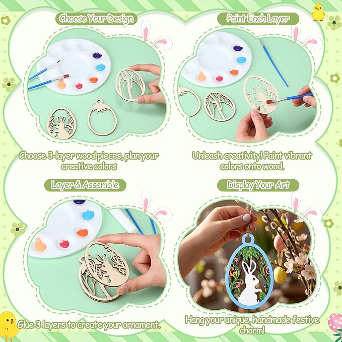 Chunful 36 Pcs Easter Crafts for Adults Kids Wooden 3D Easter Crafts to Paint Ornaments DIY Hanging Unfinished Wood Egg Unpainted Cutouts Slices Rabbit Bunny Butterfly Flower Decor Spring Gifts Tags