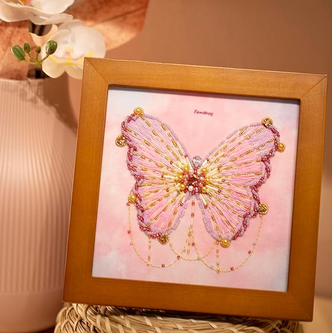 Craftreasure Embroidery Kit for Adults, Butterfly Needle Point Kits Adults Beginner Include Embroidery Beads Threads for Craft Lover Hand Stitch with Embroidery Skill Technique (Purple-Intermediate)