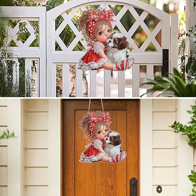 MXJSUA Diamond Art Hanging Kits for Adults Beginners, DIY Acrylic Special Shaped Crystal Diamond Gem Art Painting Hanging Ornament for Home Wall Decor and Gift (Girl and Dog)
