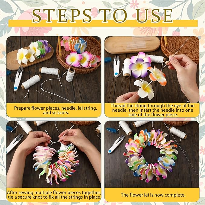 kaiolbly 9 Piece Lei Needle Kit Lei Making Supplies with 4 Long Needles 4 Waxed Strings 1 Sewing Scissors for Hawaiian Leis Stitch Crafts DIY Floral Garland