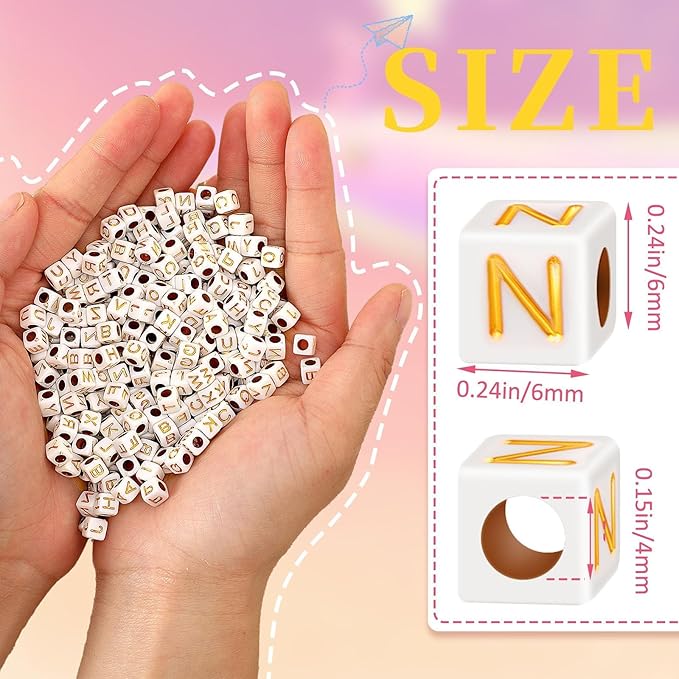 Augshy 1400pcs Square Acrylic Gold Alphabet Beads A-Z Cube Letters Beads for Bracelets Necklaces Phone Lanyard Making with 1 Roll Crystal String Cord for Jewelry Making(6 mm)