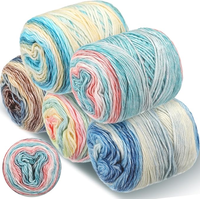 Timgle 5 Rolls Ombre Cake Yarn for Crocheting & Knitting, 3.5oz/100g 328yds Multicolor Self Striping Gradient Yarn, Soft 60% Cotton 30% Acrylic 10% Wool for Scarves Shawls Blankets Garments(Blue)