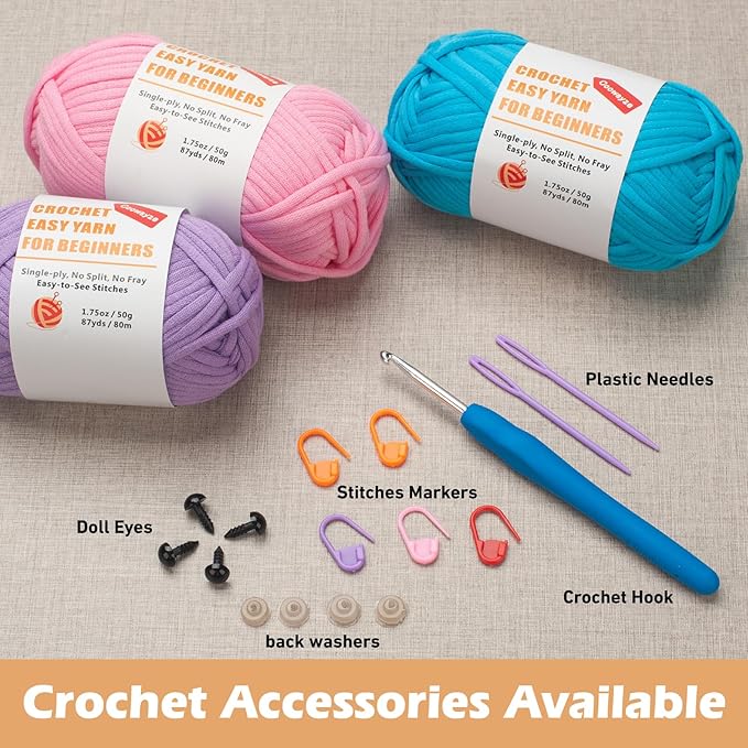 Crochet Yarn for Beginners, Cotton Yarn for Crocheting & Knitting, 3 Pack×1.8 oz Amigurumi Yarn with Easy-to-See Stitches-Thick and Soft, Worsted Medium # 4, Cotton-Nylon Blend