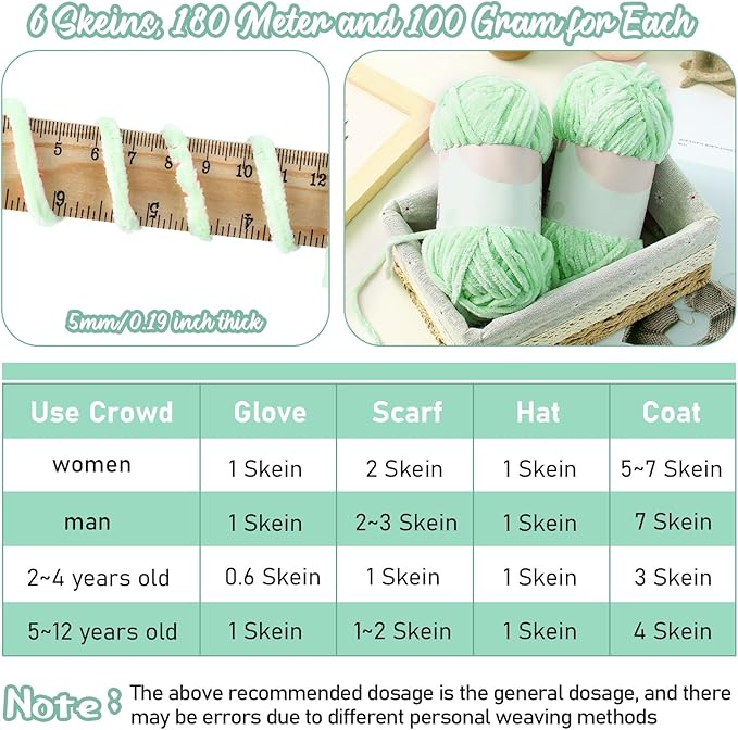 Amylove 6 Rolls Soft Velvet Chenille Yarn for Crocheting 1182 Yards Polyester Blanket Fuzzy Thick Yarn for DIY Knitting Bulky Weaving Crafts, 197 yd, 3.53 oz Each Roll(Light Green)