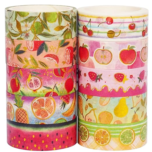 Fruits Washi Tape Set 10 Rolls Harvest Orchard Patterns Gold Decorative Tapes for Journals, Planners, Scrapbooking, Gift Wrapping, DIY Crafts (Fruits)