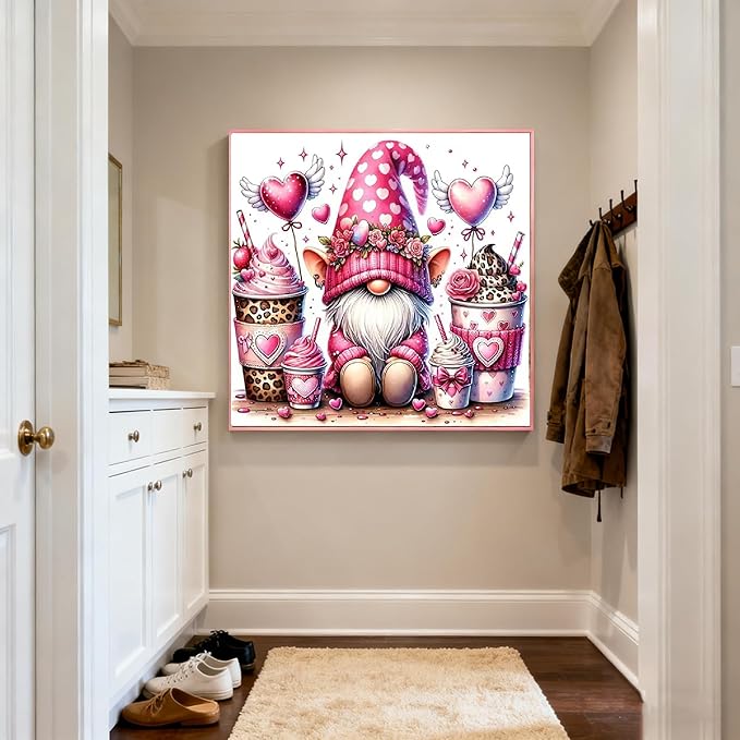 KYOQFVN Valentine's Day Gnome Paint by Numbers Kit for Adults - DIY Pink Heart Painting by Number on Canvas，Acrylic Paints Lovers Decor Paint by Number Kits 16×16 Inch（Without Frame）