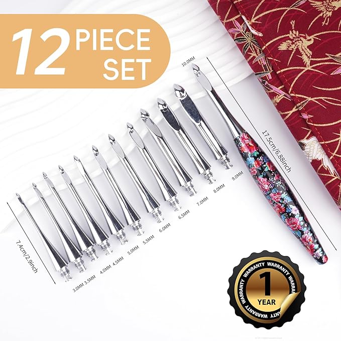 Weabetfu Interchangeable Crochet Hook Set Aluminum Inline Crochet Hooks Ergonomic Handle for Arthritic Hands for Beginner,12 Size 3mm-10mm