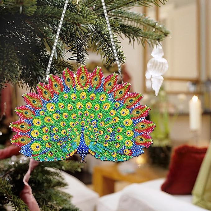 Auremi Peacock Diamond Art Hanging Kit for Adult, Special Shaped Rhinestone, DIY Acrylic 5D Animal Diamond Painting Window Pendants Signs, Home Garden Wall Hanging Ornament