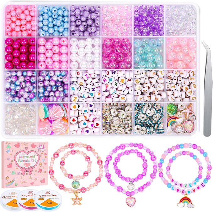 Qinzave 1074PCS Mermaid Bracelet Making Kit with Letter Beads, Bracelet Making Kit with Assorted Sizes 6mm 8mm, Mermaid Charm DIY Beads for Bracelet Necklace Earring Art Craft