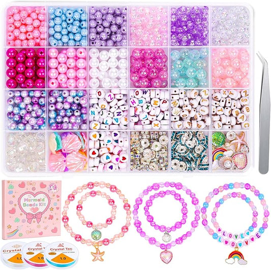 Qinzave 1074PCS Mermaid Bracelet Making Kit with Letter Beads, Bracelet Making Kit with Assorted Sizes 6mm 8mm, Mermaid Charm DIY Beads for Bracelet Necklace Earring Art Craft