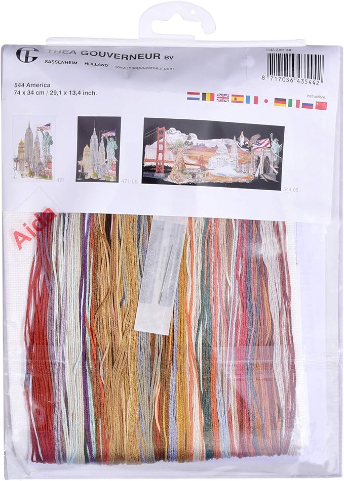 Thea Gouverneur - Counted Cross Stitch Kit - America - Aida - 18 Count - Embroidery Kit for Adults - DMC Embroidery Threads and Other Cross Stitch Supplies Included - 544A