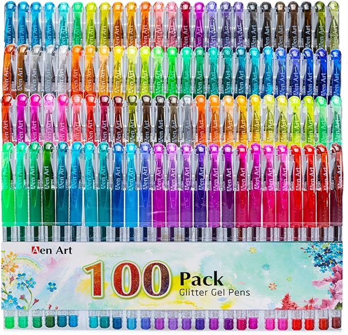 Aen Art Glitter Gel Pens, 100 Color Glitter Pen Set for Making Cards, 30% More Ink Neon Glitter Gel Marker for Adult Coloring Books, Journaling Crafting Doodling Drawing