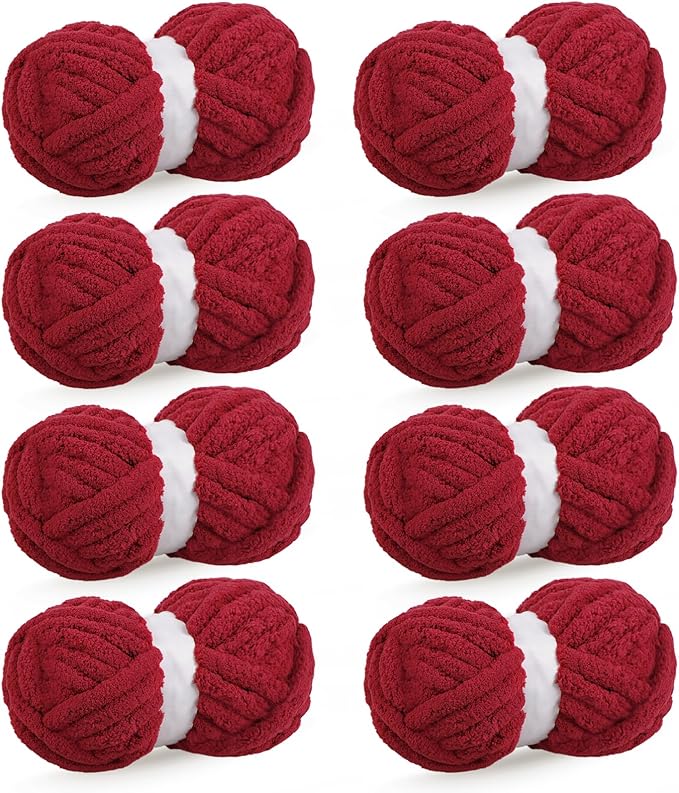 Wine Red Chunky Chenille Yarn for Crocheting Bulky Thick Fluffy Yarn for Knitting,Super Bulky Hand Blanket, Soft Plush Yarn Crochet Carpet/Scarf/Cushion/ 8 Jumbo Pack(63.76oz/197.68yd
