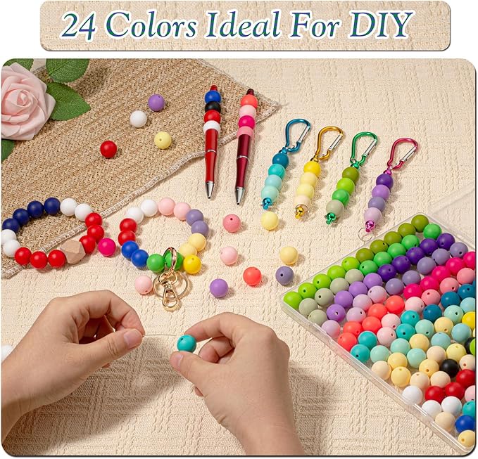 MAIBAOTA 120 Pcs Silicone Beads 24 Colors 15 mm Silcone Beads for Keychain/Bracelet/Pens Making Mixed Color Round Focal Rubber Beads for Crafts Making(with Boxed Kits)