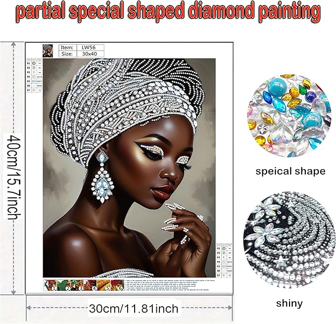 African woman 5D Diy diamond art kits for adults,Partial diamond painting kit for beginners,Special shaped diamond art,sparkling gem art,Diamond Mosaic embroidery,living room decor,11.81x15.7inch
