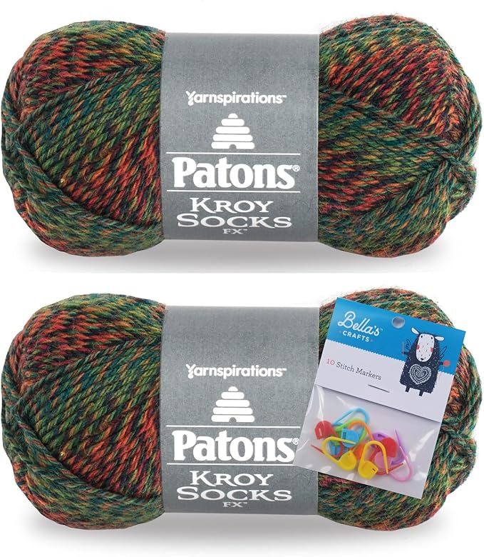 Patons Kroy Socks FX Yarn 2-Pack Bundle with Bella's Crafts Stitch Markers (Clover Colors)