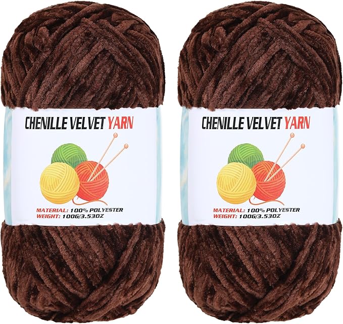 2 * 100g Velvet Chenille Chunky Yarn, Handcrafts Weaving Soft Chenille Yarn for Crocheting Clearance, Used for Making Baby Yarn Blanket, Clothes, Knitting Creations (Coffee Brown)