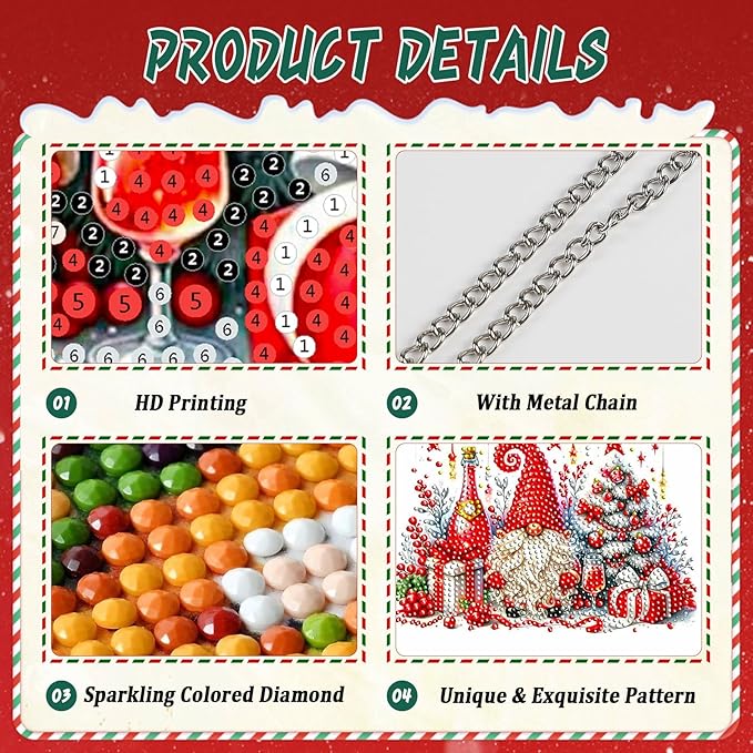EMIEAUFG Christmas Diamond Art Hanging Kit for Adult, Christmas Gnome Diamond Art Pendants, Double Sided Acrylic & 5D Special Shaped Rhinestone, DIY Ornament for Window Home Wall Decor