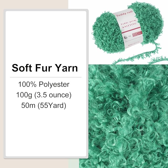 MECCANIXITY Fur Yarn Soft Fluffy Chunky Yarn Fuzzy Eyelash Yarn Lake Green for Crocheting Knit Clothes Bag - 55Yard/50m, 3.46ozx1